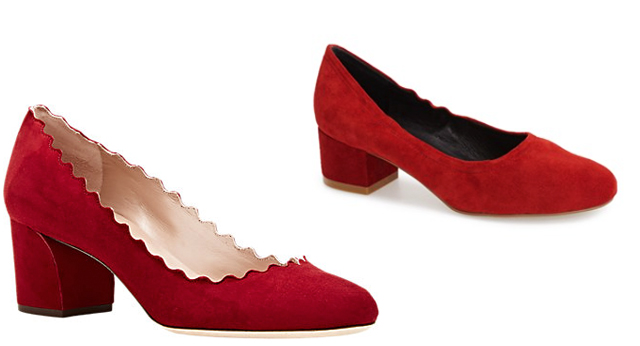 red suede chloe scallop pumps