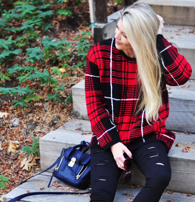ripped black jeans-plaid sweater
