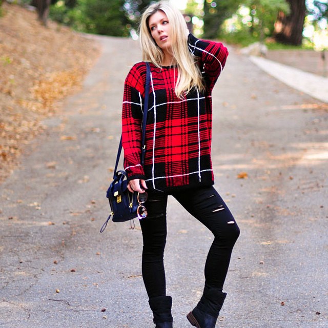 ripped jeans-plaid sweater