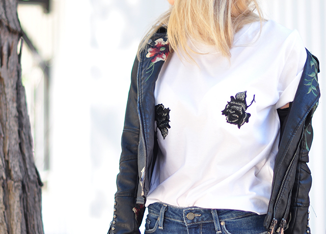 floral embroidered leather jacket + jeans and a t-shirt