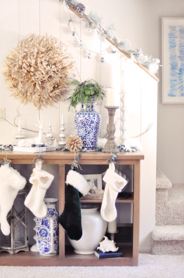 rustic glam holiday decor- hanging stockings from shelves diy