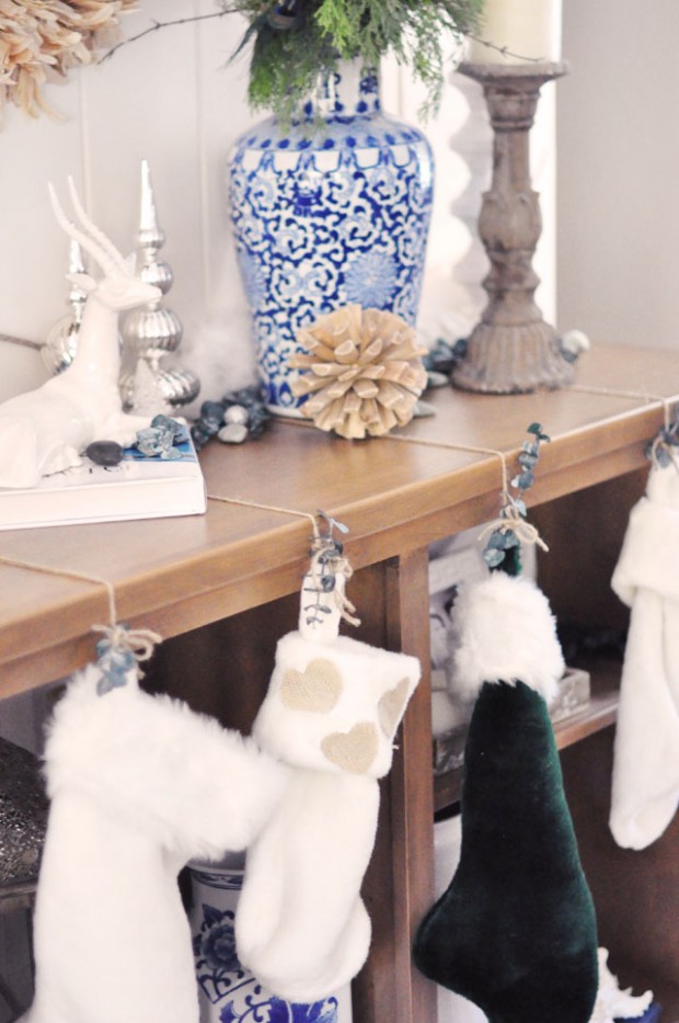 rustic stockings hung on shelves