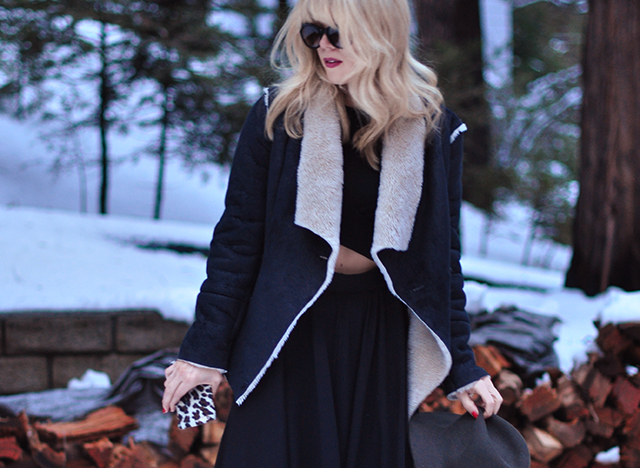 shearling jacket + hat in the snow