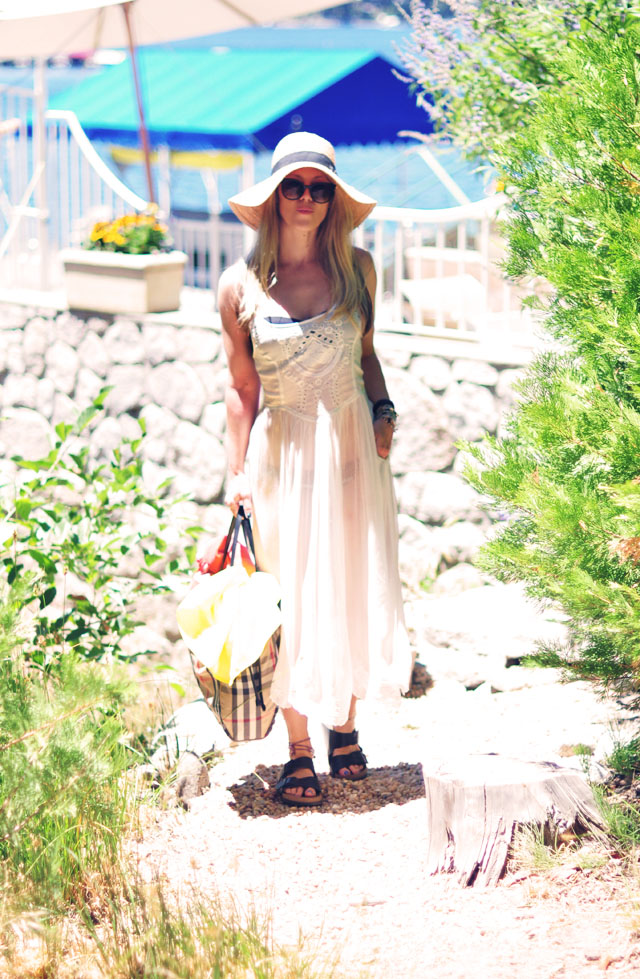 sheer dress- lakeside-burberry bag-birkenstocks