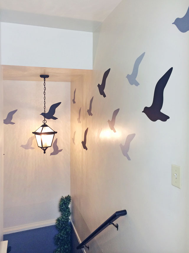 stairwell decor-bird decals- black and gray