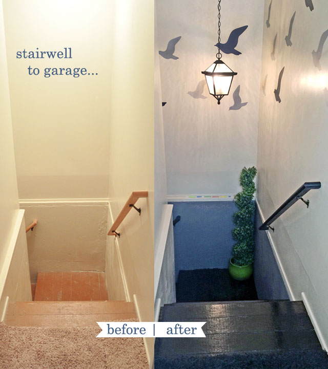 stairwell to garage-before and after decor