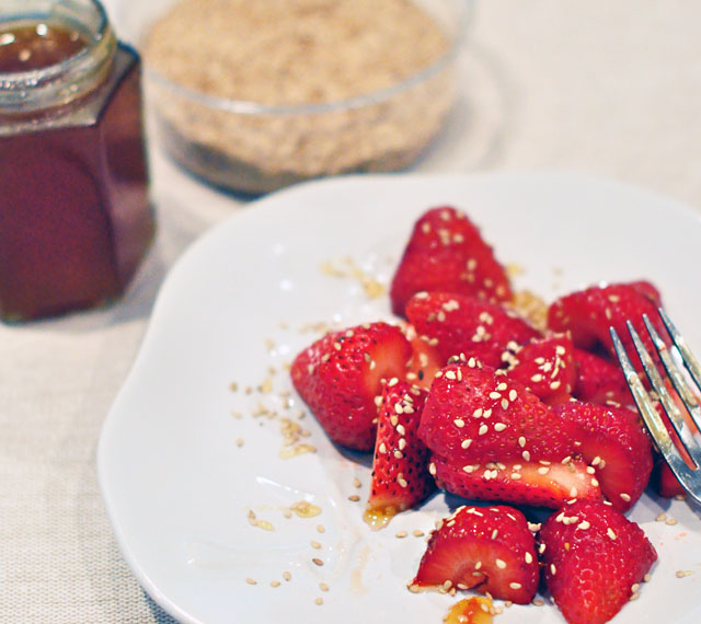 strawberries with raw honey sesame seeds