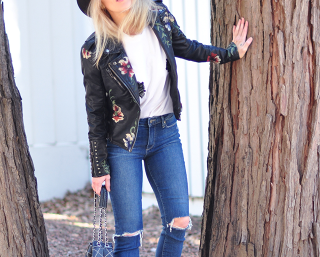 floral embroidered leather jacket + jeans and a t-shirt