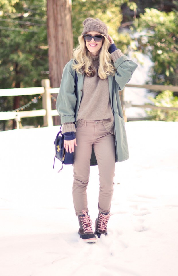 taupe on taupe winter outfit+navy+army green+snow boots