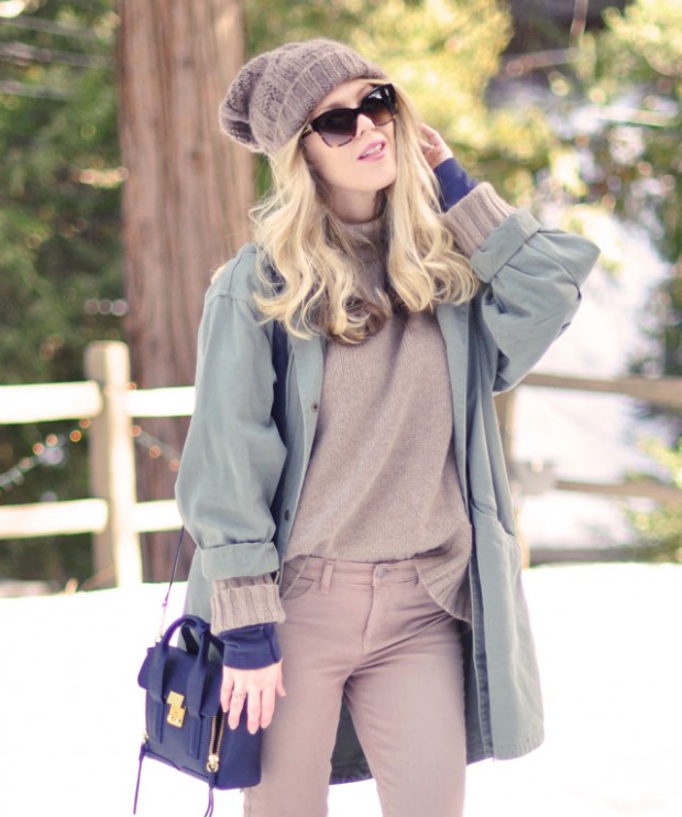 taupe sweater-jeans-knit hat-army green jacket-phillip lim bag