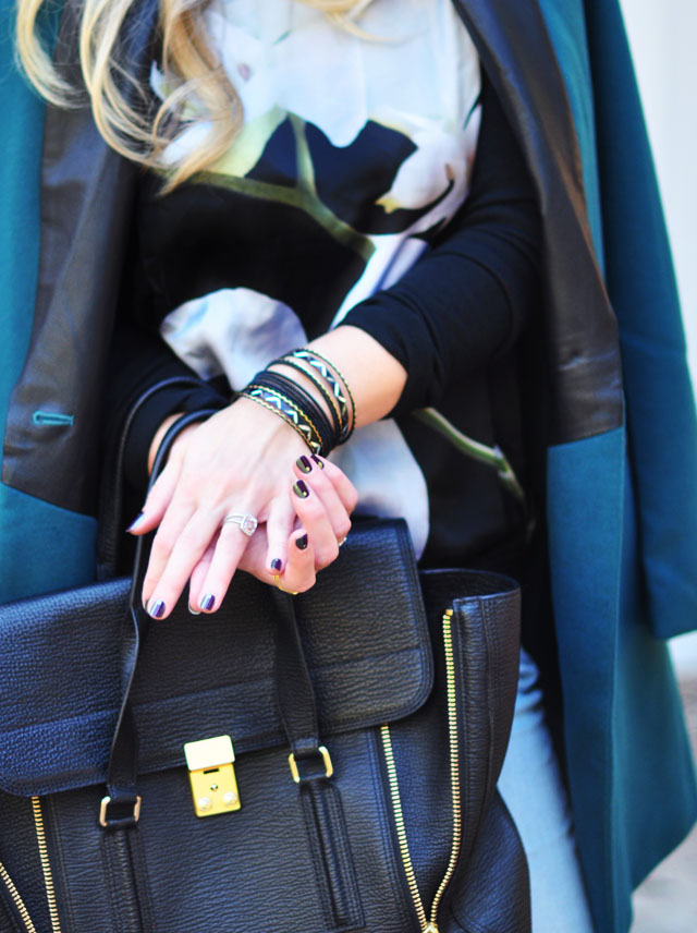 teal coat_altuzarra sweatshirt_jewel nails_phillip lim large pashli bag