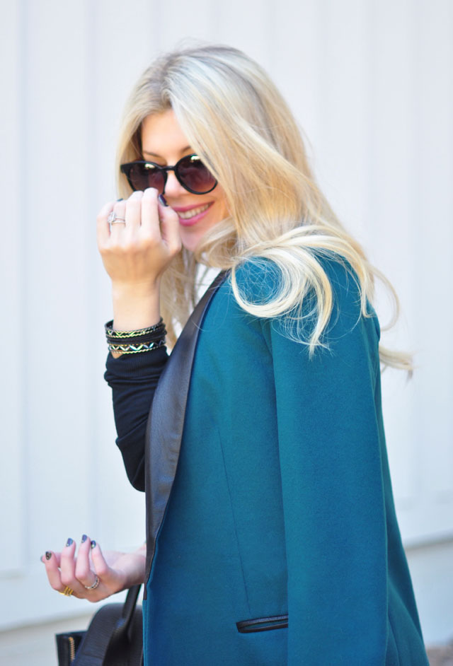 teal coat_black and gold bangles_tierry lasry sunglasses