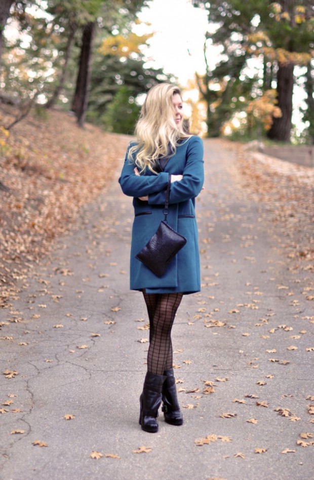 teal jacket-boots-patternened tights