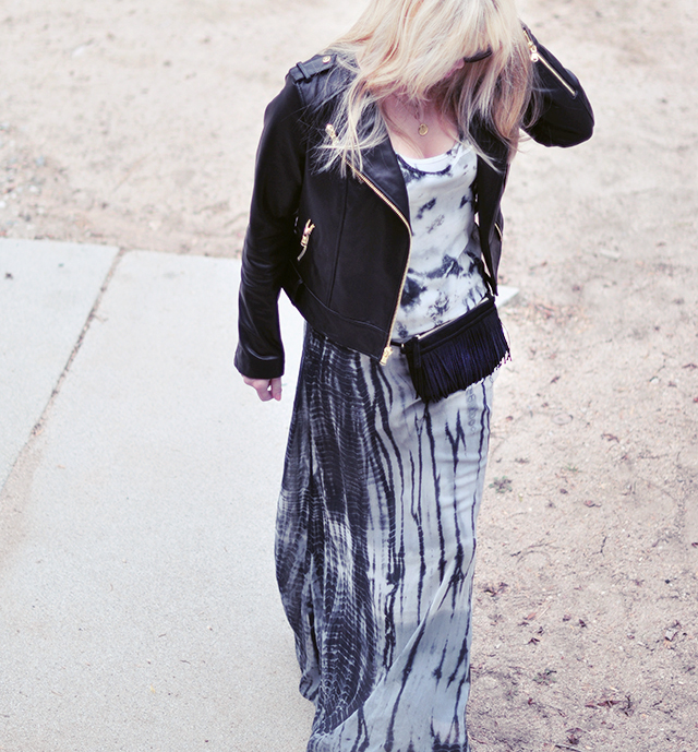 tie dye maxi dress _ fringe hip bag