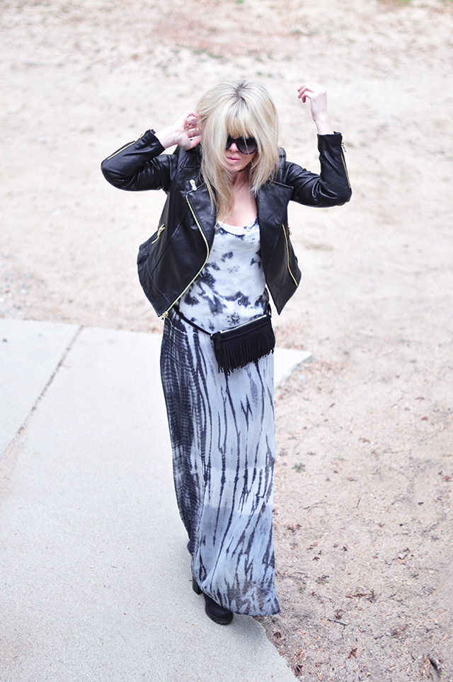 tie dye maxi dress with fringe hip bag