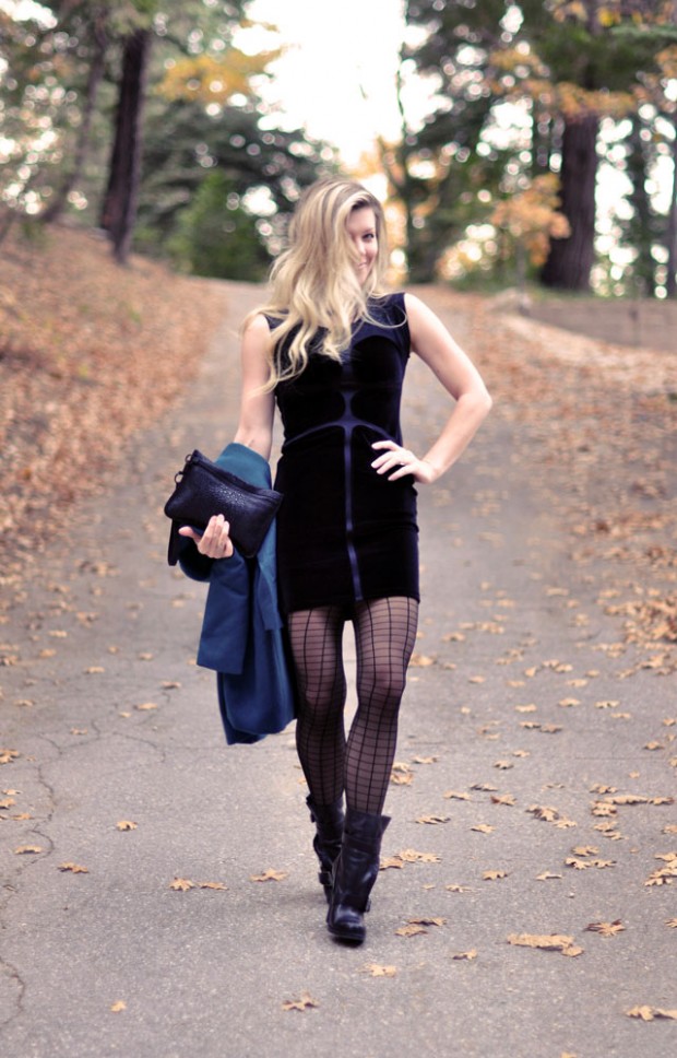 velvet dress-teal jacket-boots