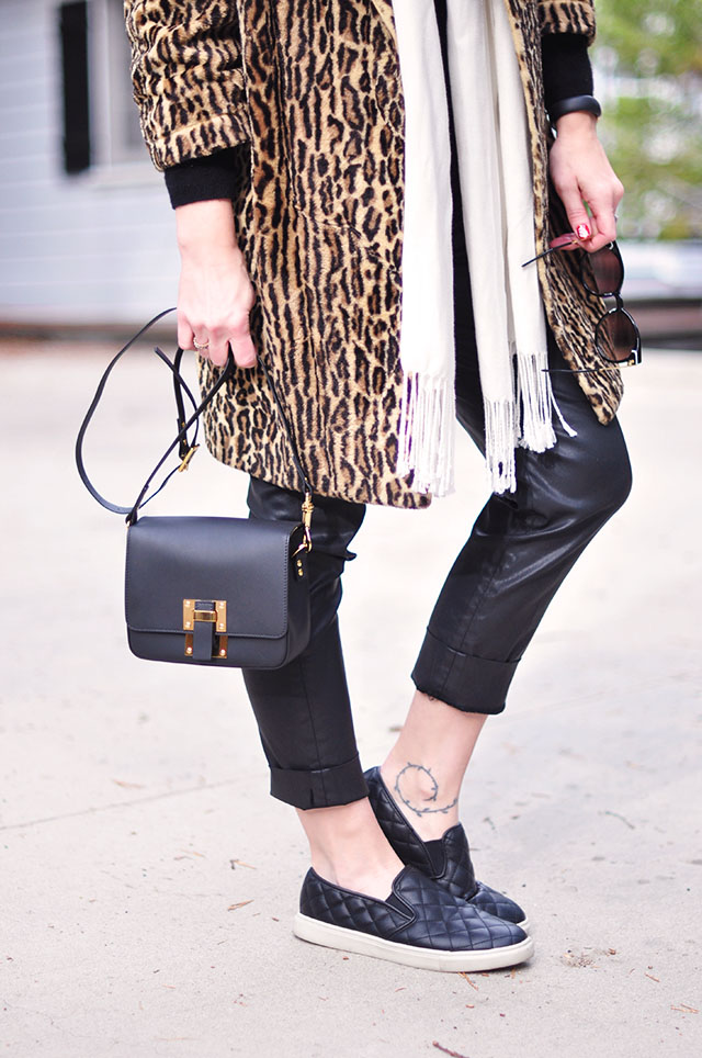 vintage leopard coat- Sophie Hulme bag-quilted sneakers