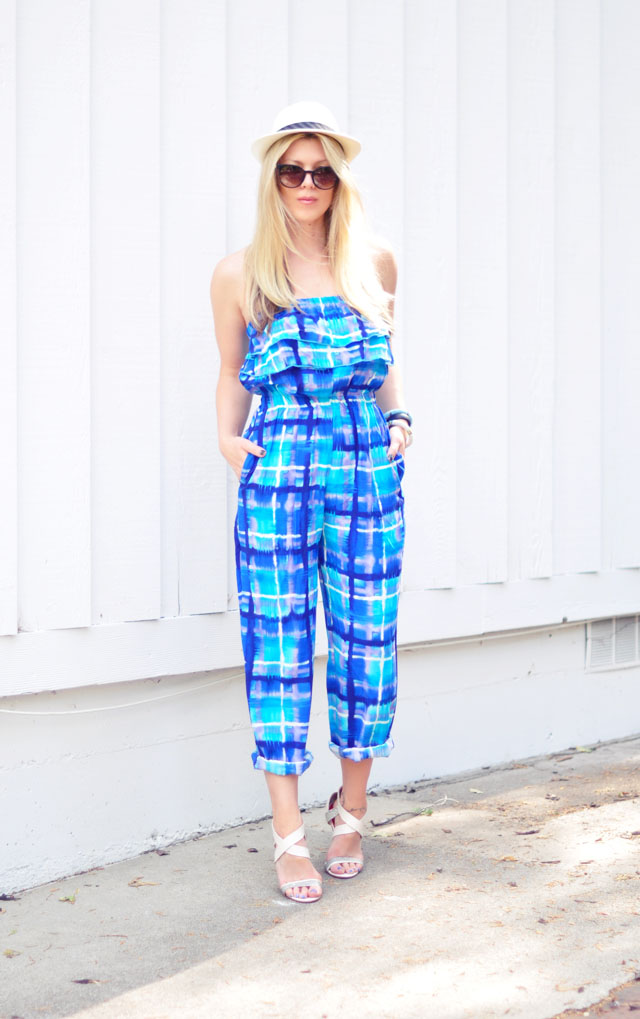 watercolor plaid ruffled strapless jumpsuit