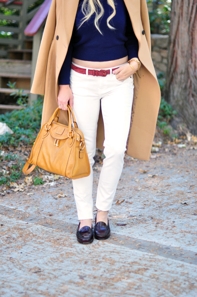 white+camel coat +burgundy+navy