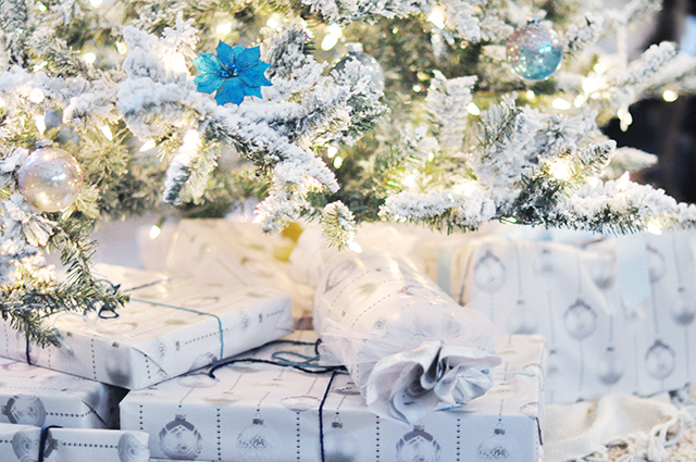 white christmas wrapping paper with ornaments