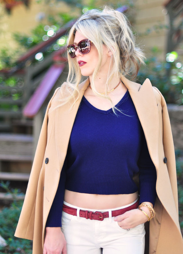 white jeans +camel coat+navy+burgundy