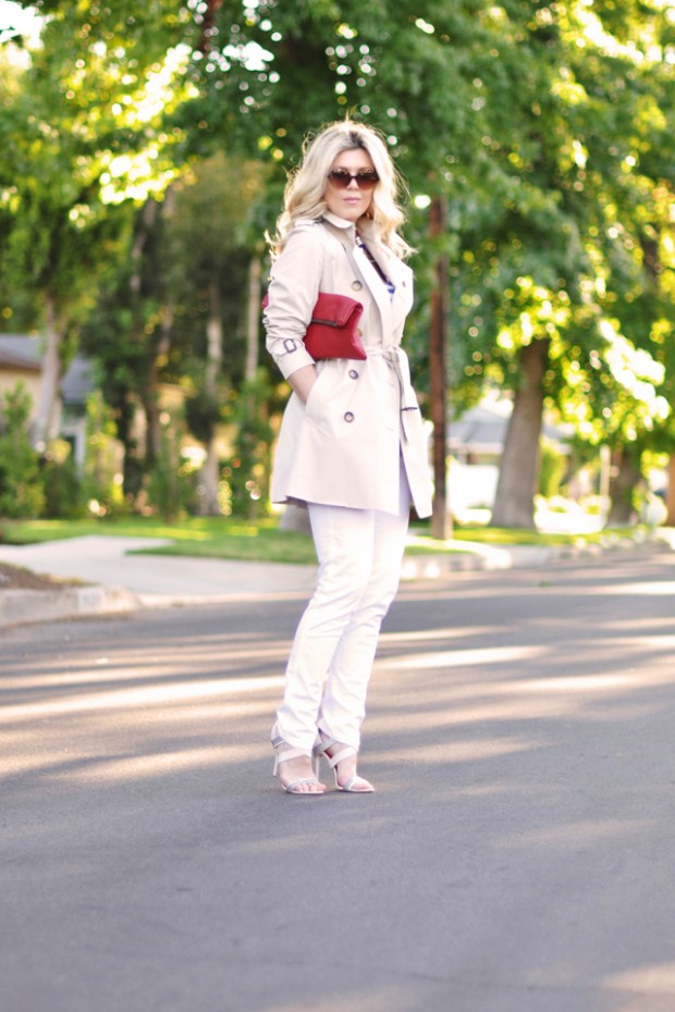 white jeans-burberry trench  -red clutch