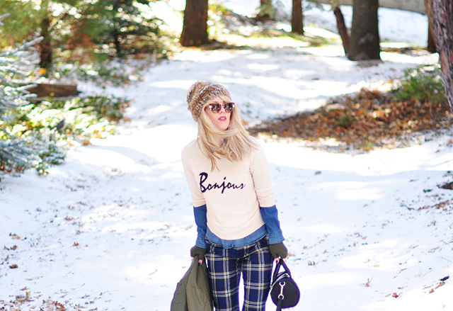 winter outfit in the snow_ bonjour sweater_plaid pants