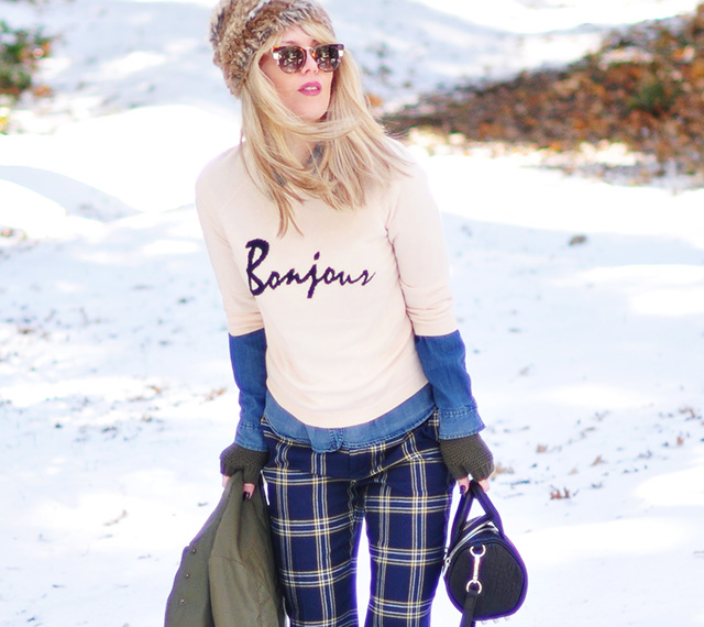 winter outfit in the snow_bonjour sweater_plaid pants