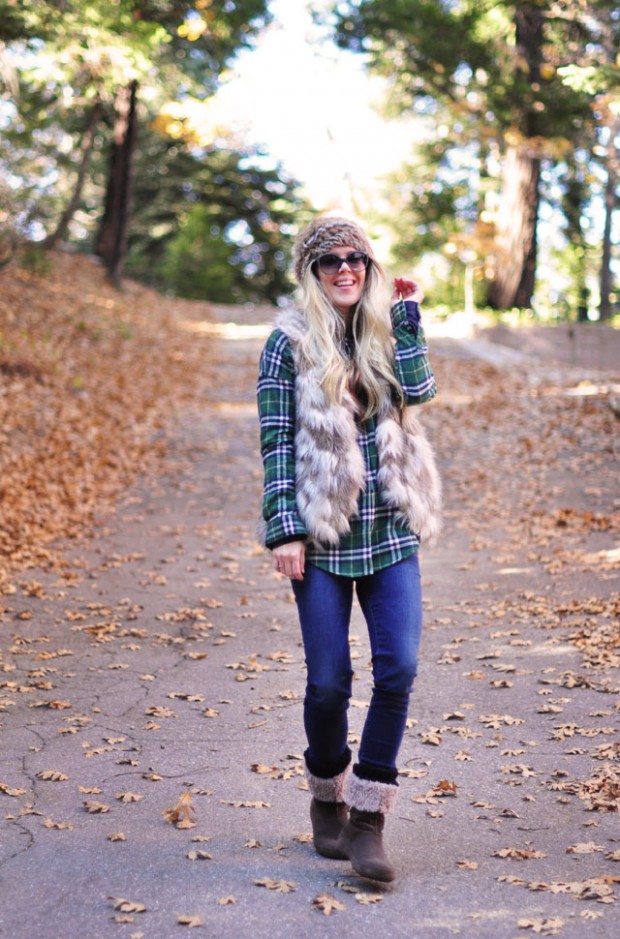 winter style-fur vest plaid shirt-jeans