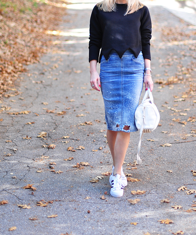 zig zag edge sweatshirt with denim skirt and adidas